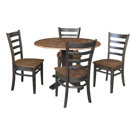 International Concepts 42 in. Solid Wood Round Drop Leaf Pedestal Table with 4 Dining Chairs in Hickory/Washed Coal K45-42DPT-23B-C617-4